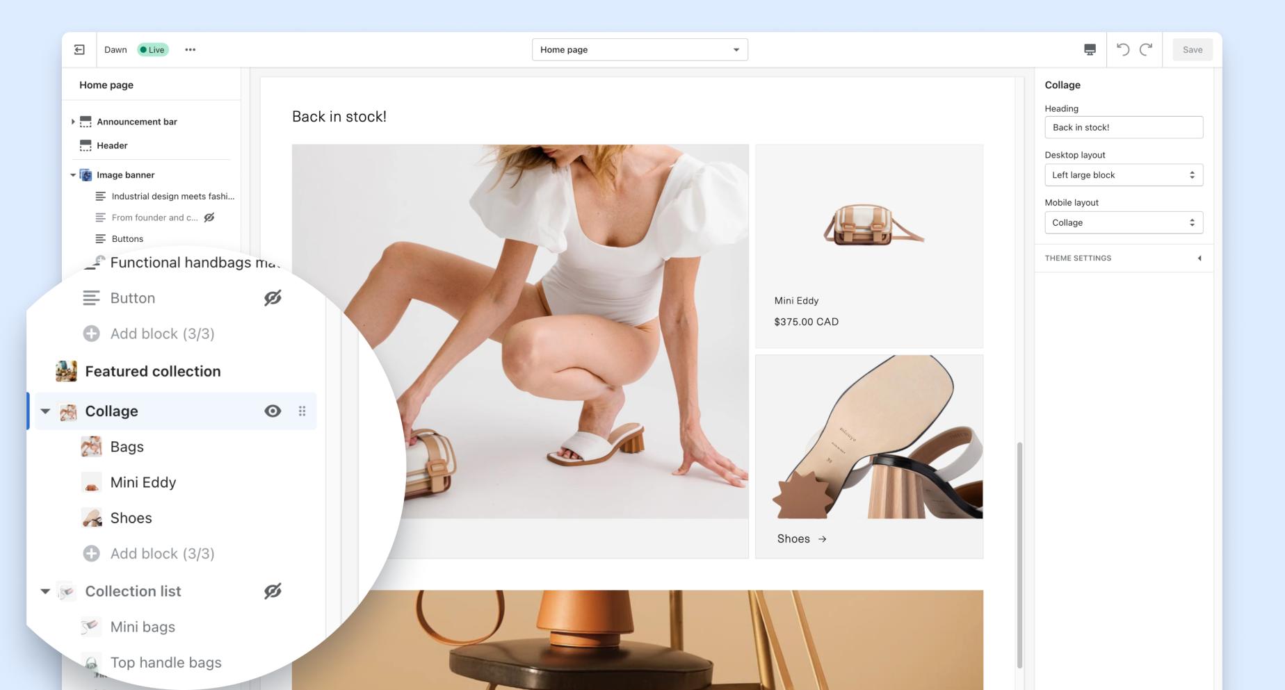 Explore os recursos do tema Dawn da Shopify